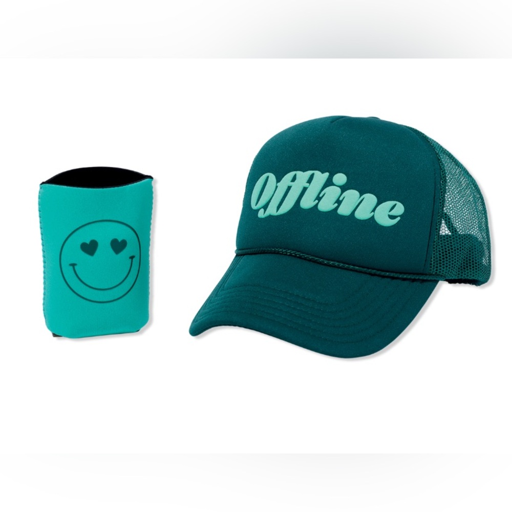 NWT Ulta Beauty Blue Trucker Hat with Smiley Koozie